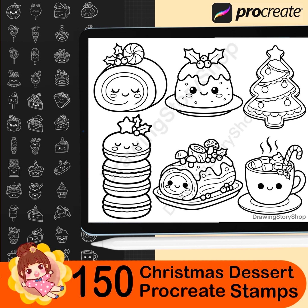 150 Christmas Dessert Procreate Stamp Bundle | Kawaii Holiday Bakery, Cookies, Cakes, Candy & Cute Food Brushes