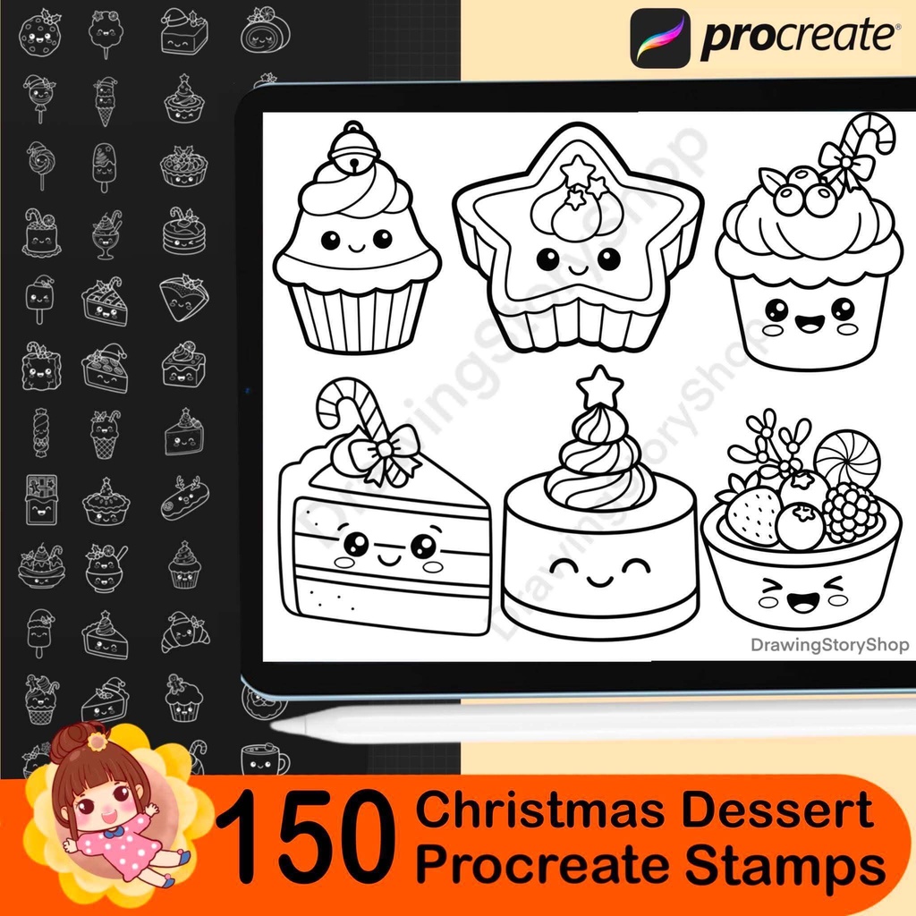 150 Christmas Dessert Procreate Stamp Bundle | Kawaii Holiday Bakery, Cookies, Cakes, Candy & Cute Food Brushes
