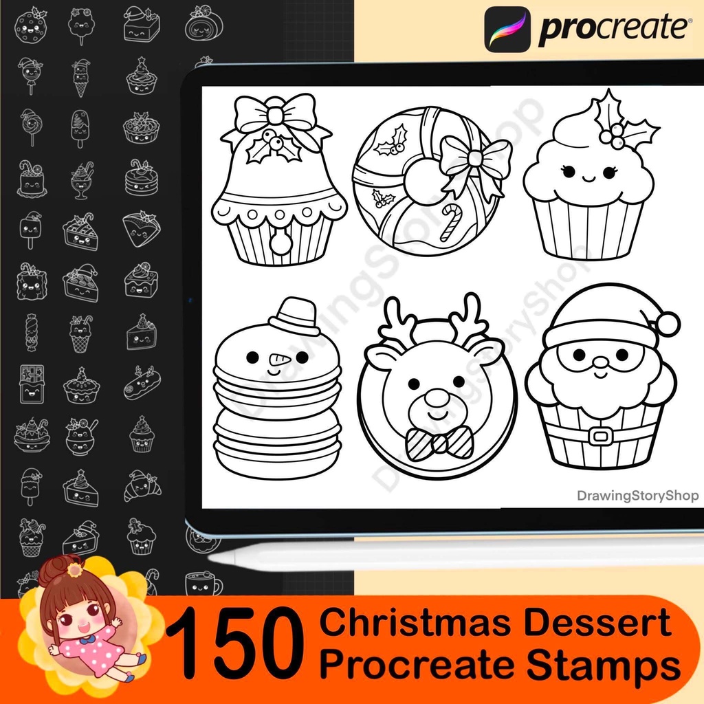 150 Christmas Dessert Procreate Stamp Bundle | Kawaii Holiday Bakery, Cookies, Cakes, Candy & Cute Food Brushes