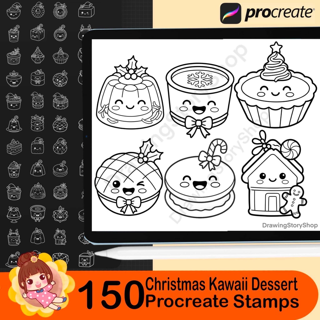 150 Christmas Kawaii Dessert Procreate Stamps | Holiday Bakery Brush Set | Cute Cookie Cake Candy Sweet Stamps