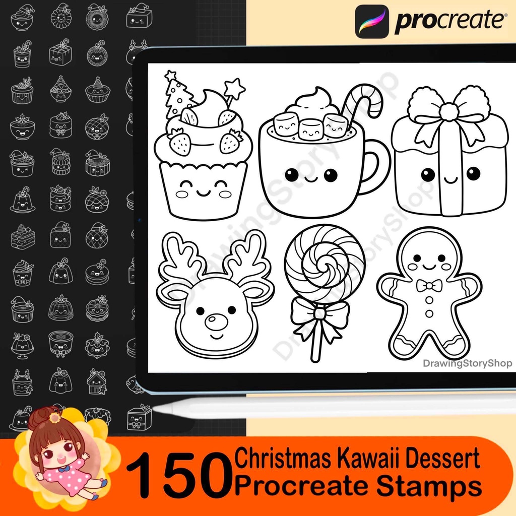 150 Christmas Kawaii Dessert Procreate Stamps | Holiday Bakery Brush Set | Cute Cookie Cake Candy Sweet Stamps