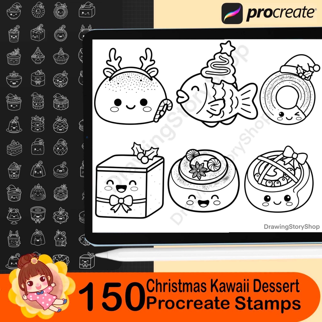 150 Christmas Kawaii Dessert Procreate Stamps | Holiday Bakery Brush Set | Cute Cookie Cake Candy Sweet Stamps