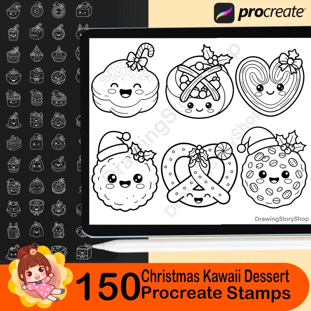 150 Christmas Kawaii Dessert Procreate Stamps | Holiday Bakery Brush Set | Cute Cookie Cake Candy Sweet Stamps