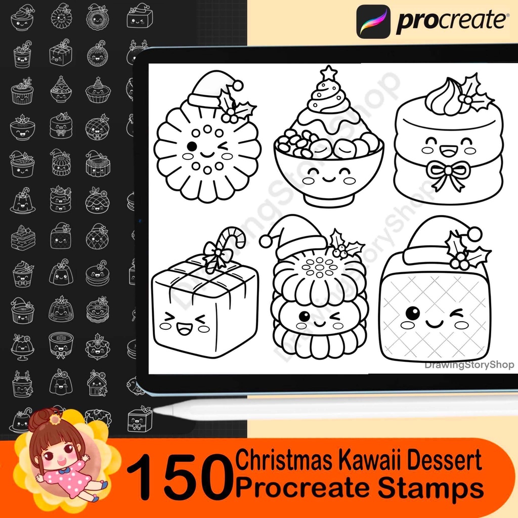 150 Christmas Kawaii Dessert Procreate Stamps | Holiday Bakery Brush Set | Cute Cookie Cake Candy Sweet Stamps