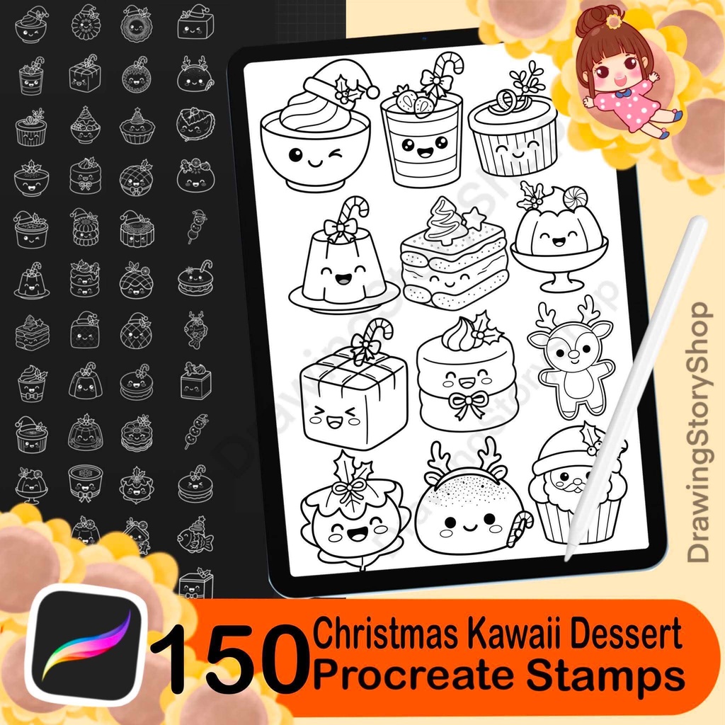 150 Christmas Kawaii Dessert Procreate Stamps | Holiday Bakery Brush Set | Cute Cookie Cake Candy Sweet Stamps