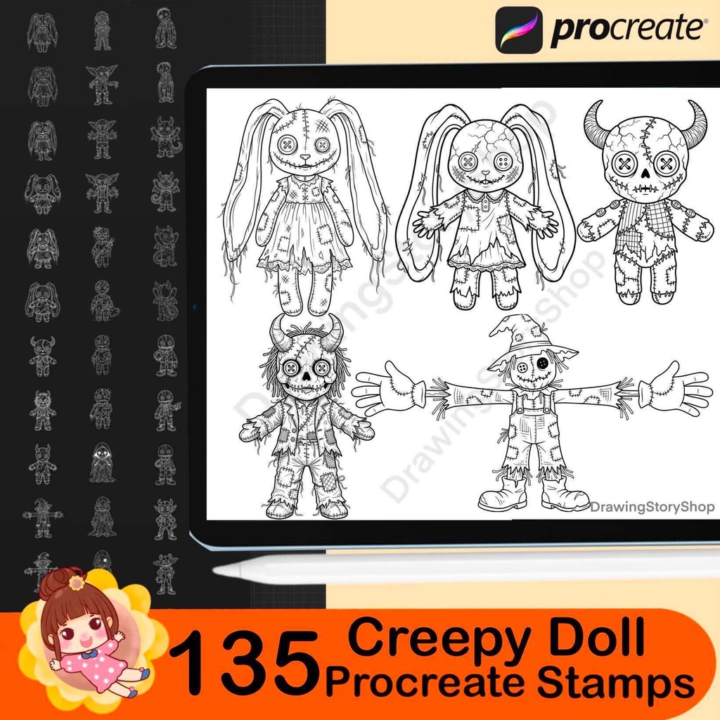 135 Creepy Doll Procreate Brushes, Spooky Voodoo Doll Stamps