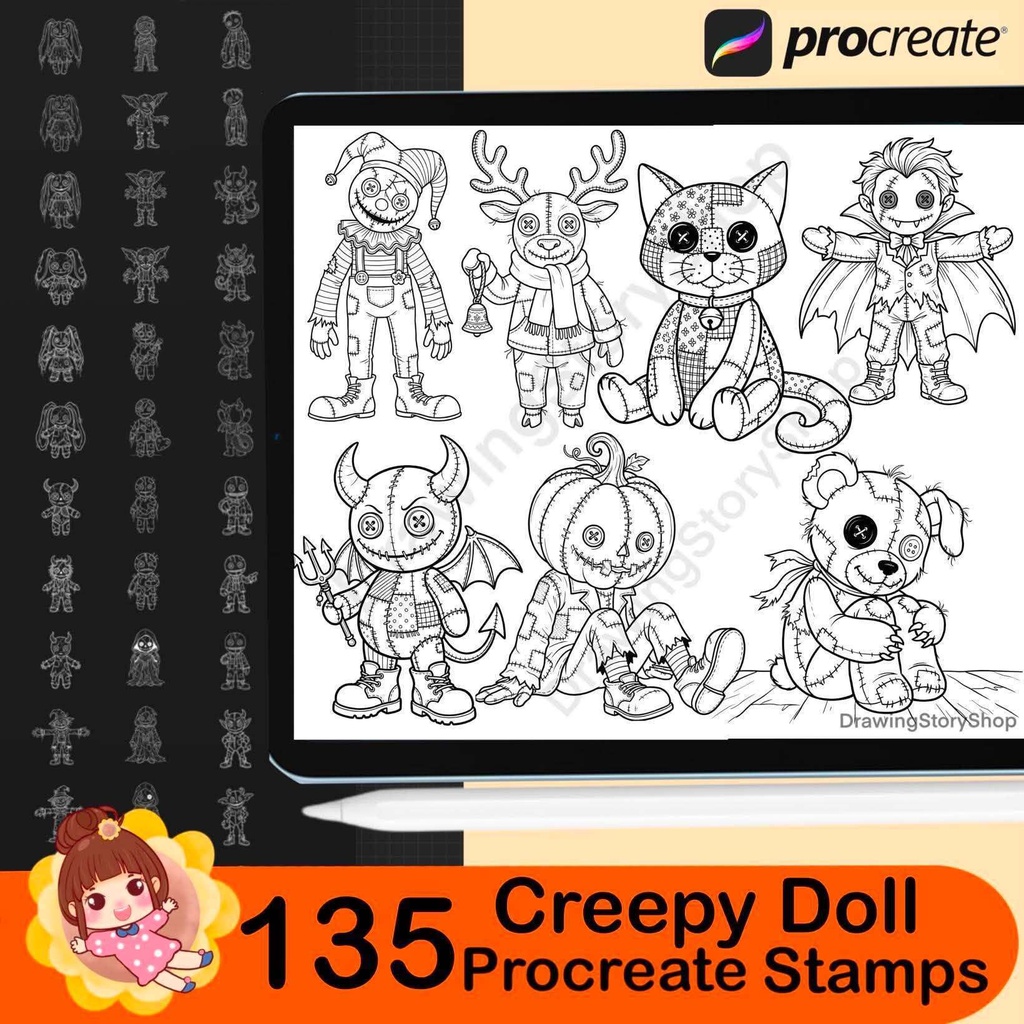 135 Creepy Doll Procreate Brushes, Spooky Voodoo Doll Stamps