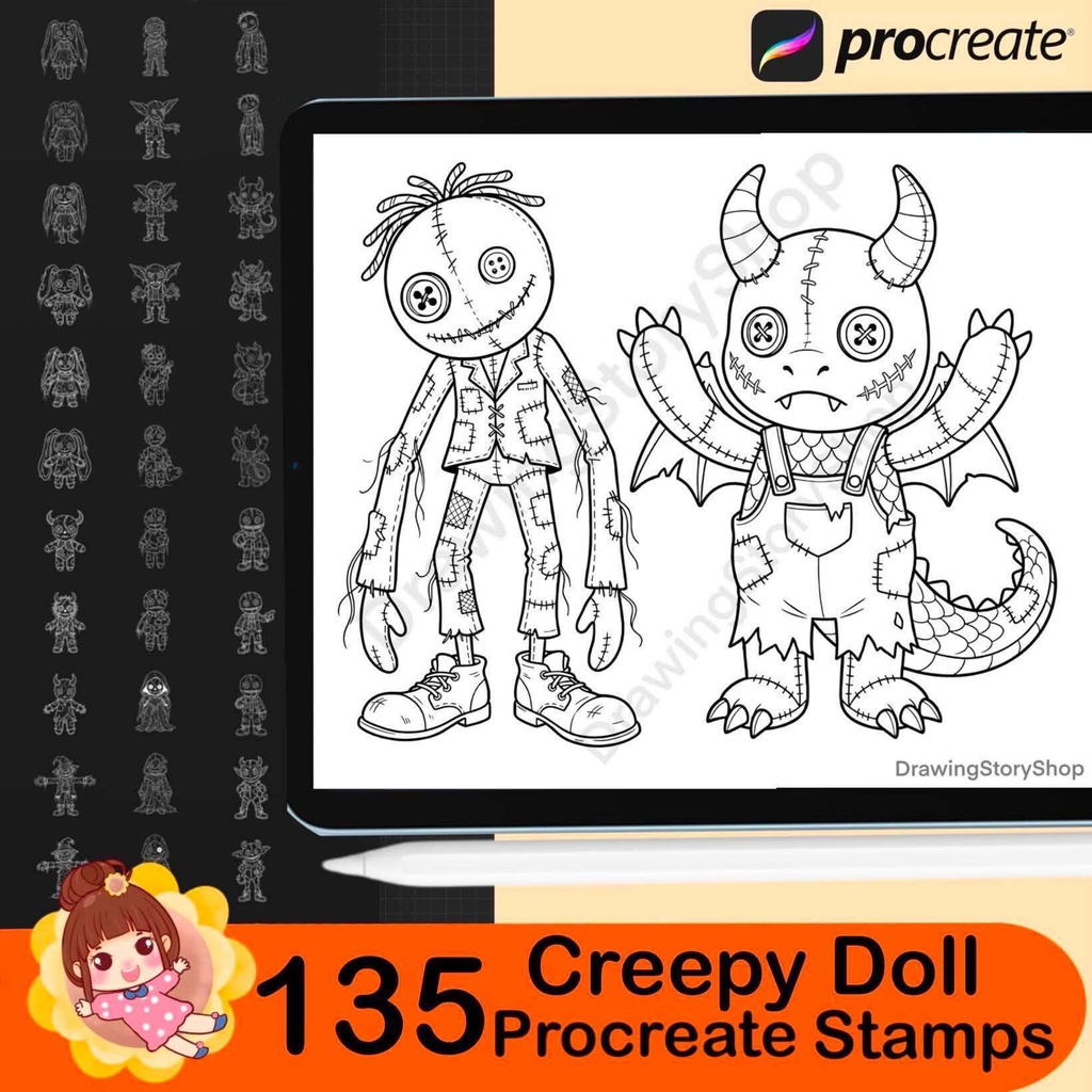 135 Creepy Doll Procreate Brushes, Spooky Voodoo Doll Stamps