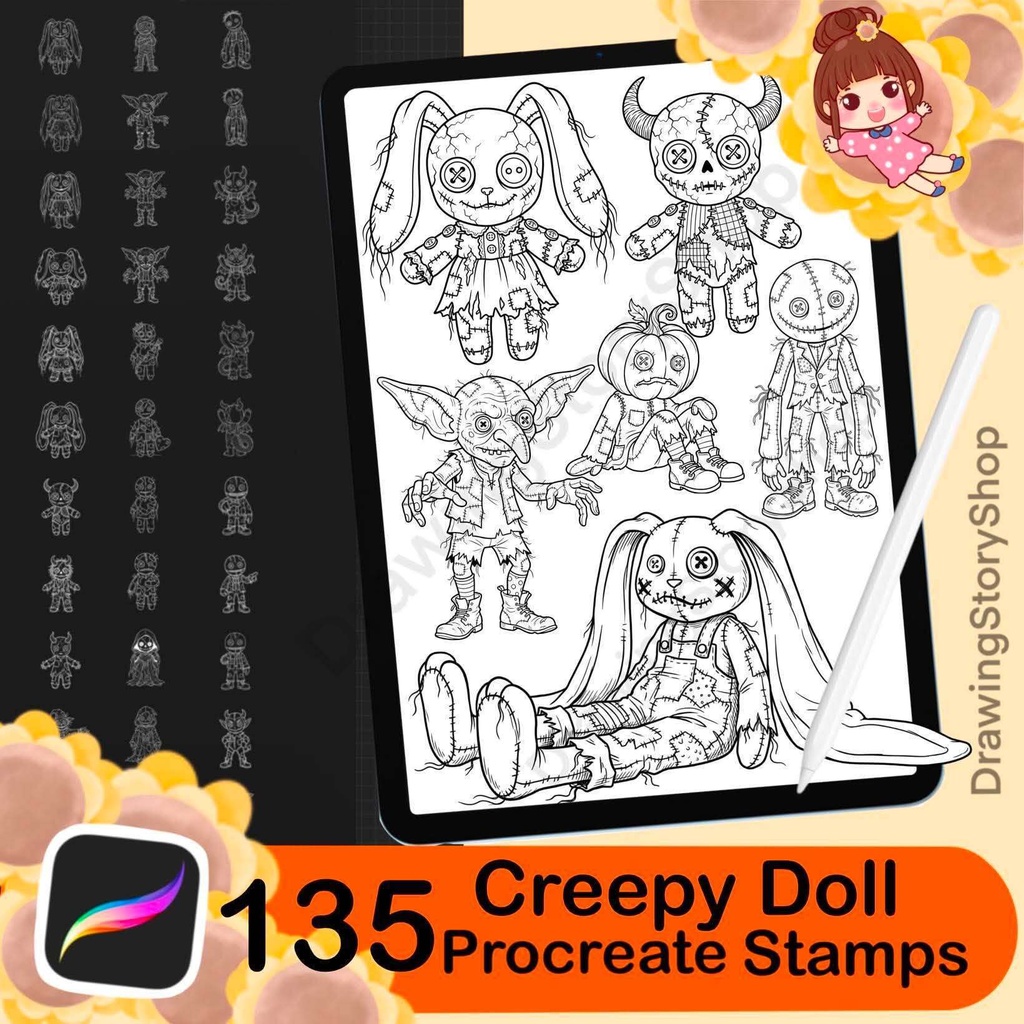 135 Creepy Doll Procreate Brushes, Spooky Voodoo Doll Stamps