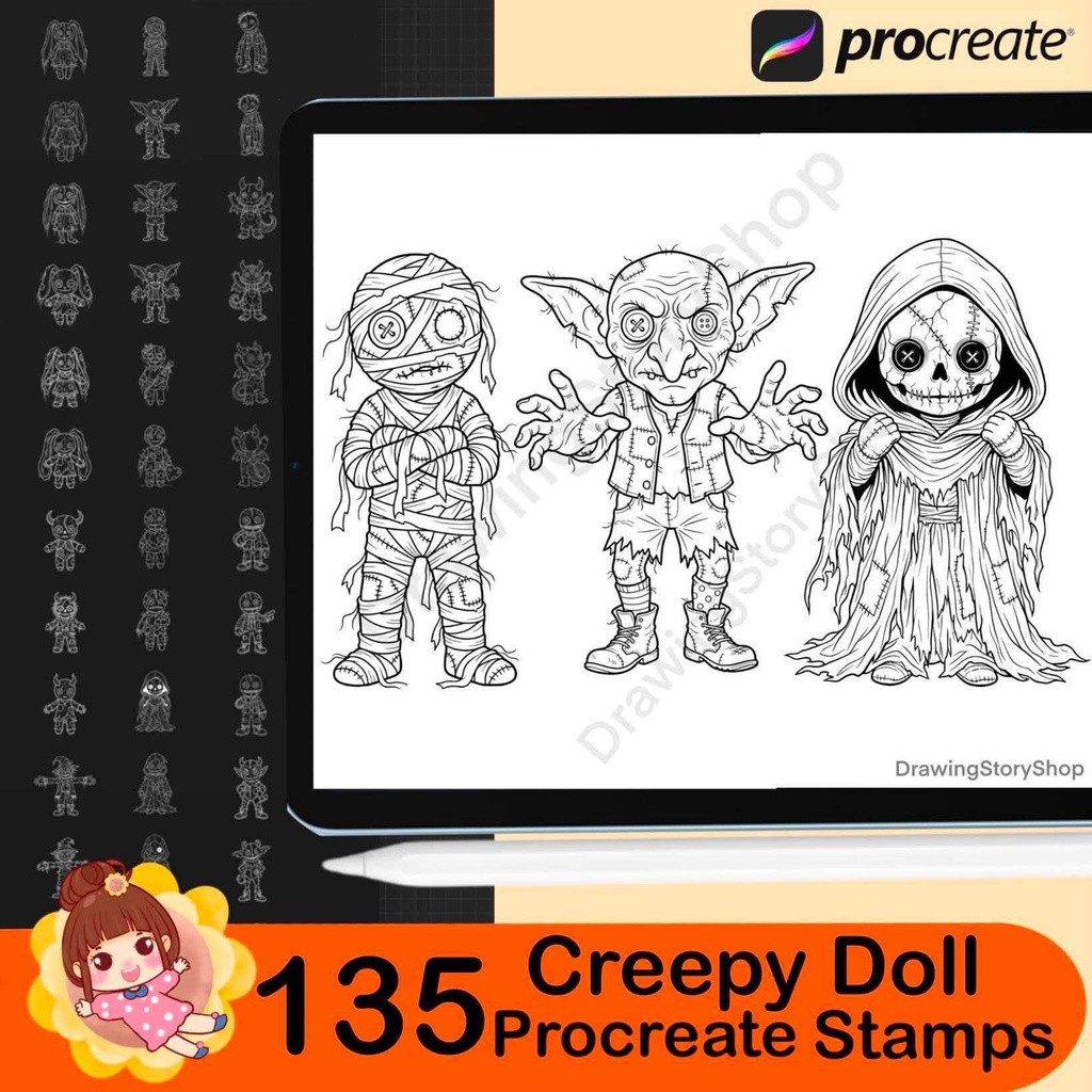 135 Creepy Doll Procreate Brushes, Spooky Voodoo Doll Stamps