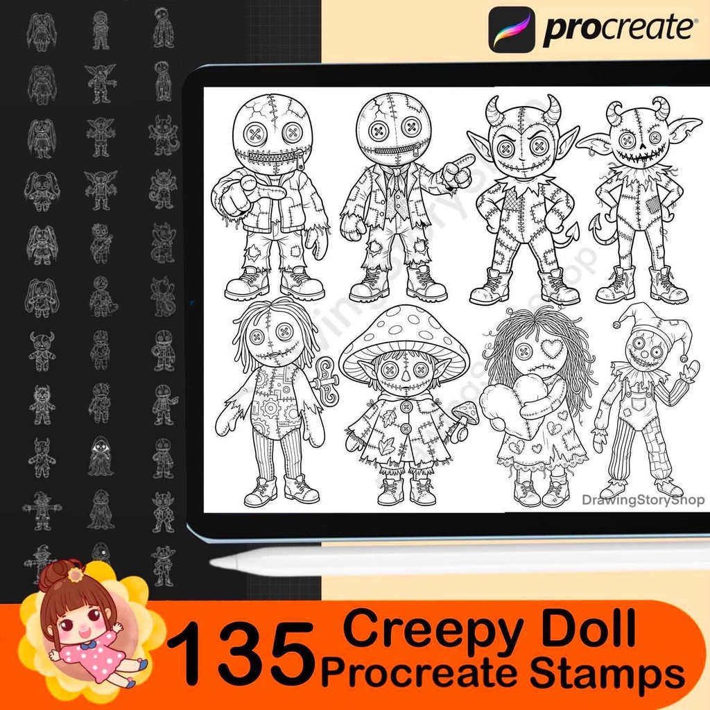 135 Creepy Doll Procreate Brushes, Spooky Voodoo Doll Stamps
