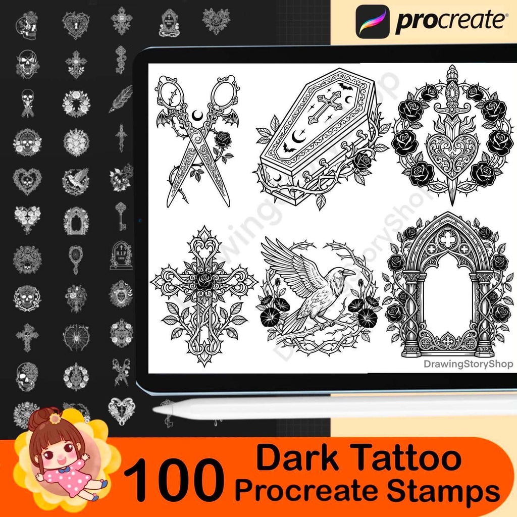 100 Gothic Stamps for Procreate, Dark Art Brushes, Skull Heart Tattoo Designs, Occult Symbols