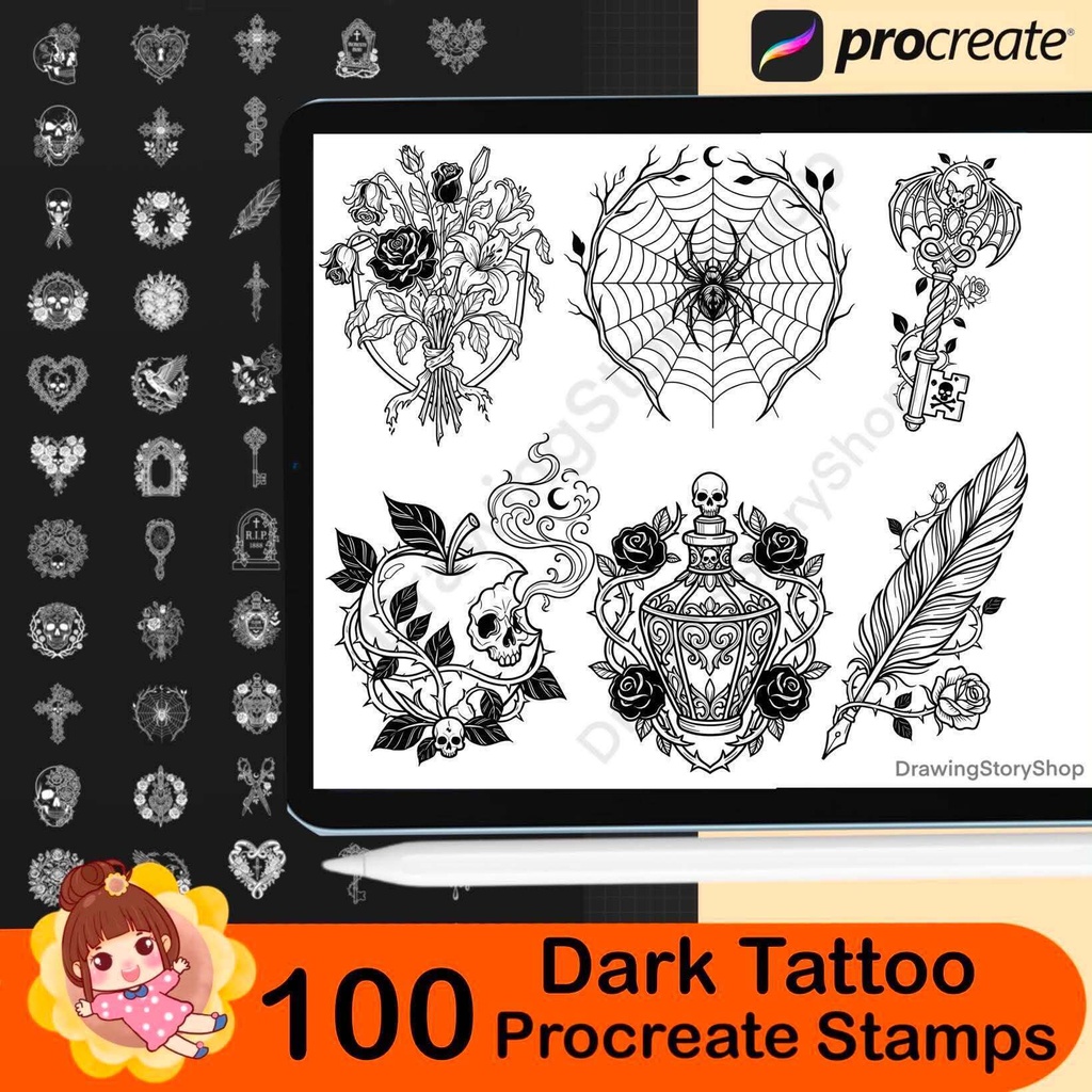 100 Gothic Stamps for Procreate, Dark Art Brushes, Skull Heart Tattoo Designs, Occult Symbols