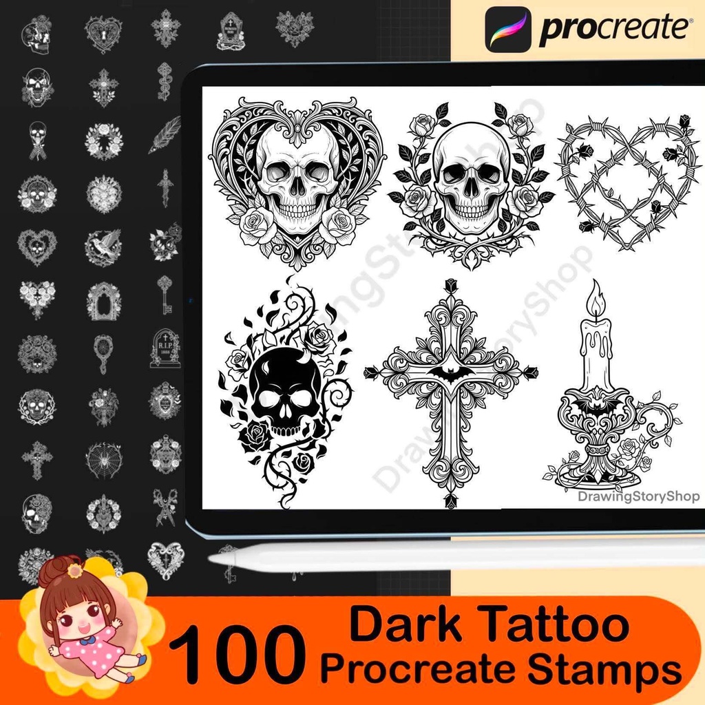 100 Gothic Stamps for Procreate, Dark Art Brushes, Skull Heart Tattoo Designs, Occult Symbols