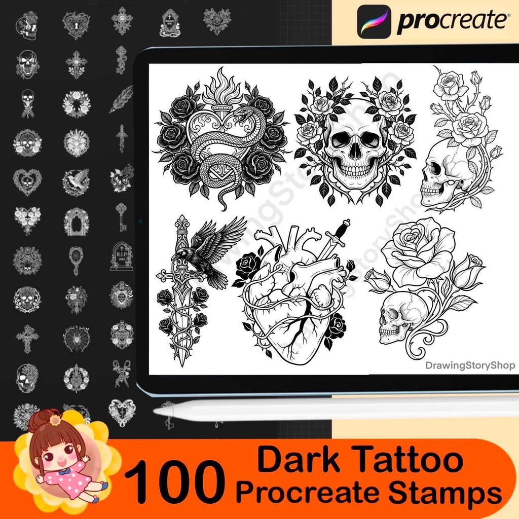 100 Gothic Stamps for Procreate, Dark Art Brushes, Skull Heart Tattoo Designs, Occult Symbols