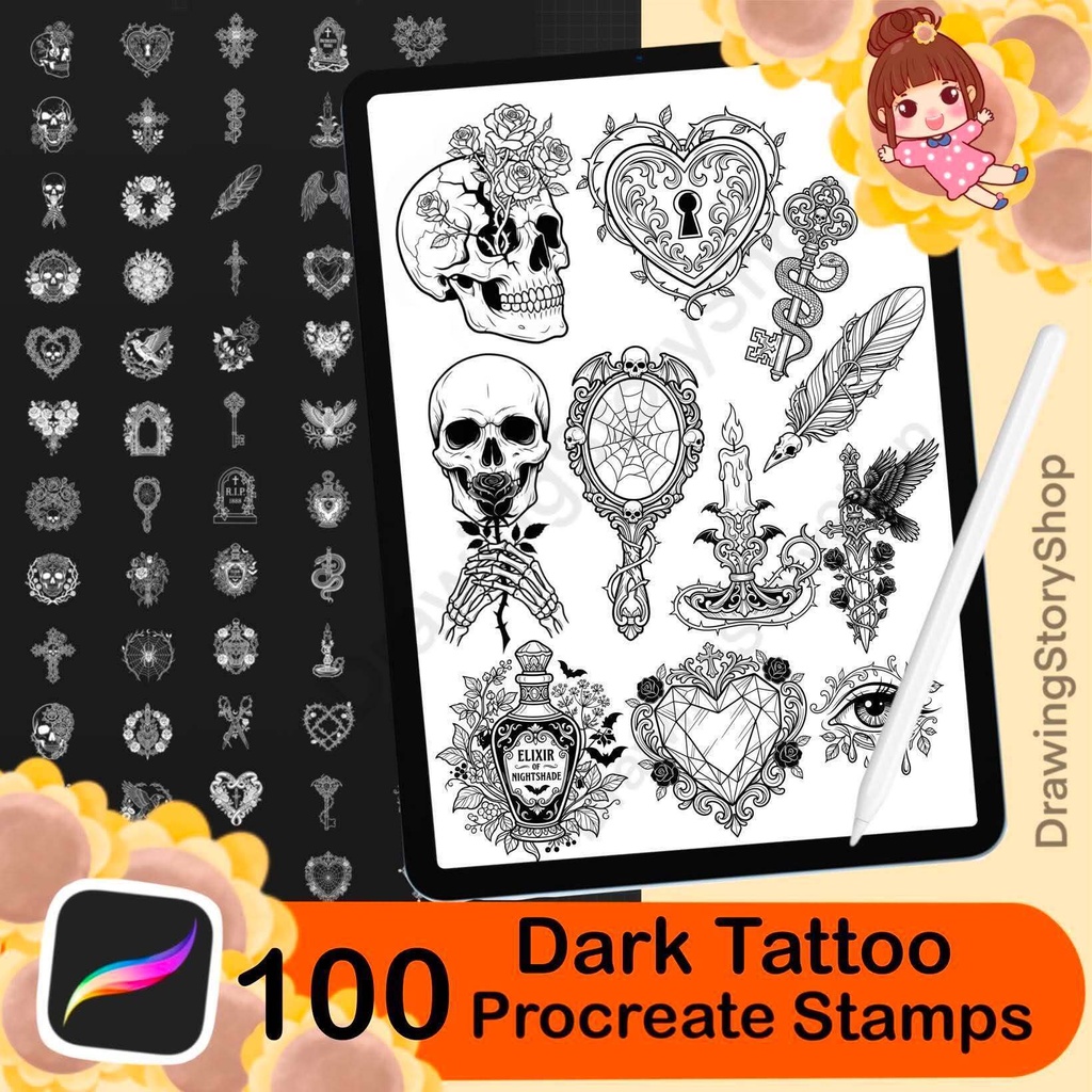 100 Gothic Stamps for Procreate, Dark Art Brushes, Skull Heart Tattoo Designs, Occult Symbols