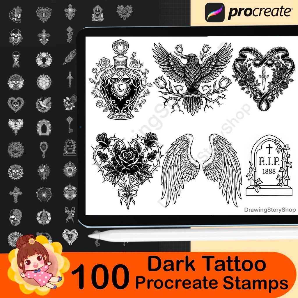 100 Gothic Stamps for Procreate, Dark Art Brushes, Skull Heart Tattoo Designs, Occult Symbols