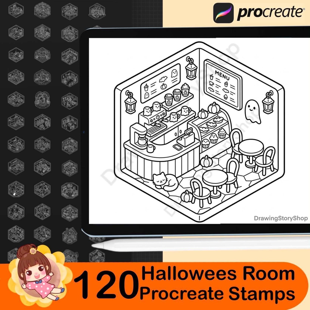 120 Halloween Room Stamps for Procreate, Spooky Miniature Rooms, Isometric Haunted House Brushes, Cute Halloween Interior