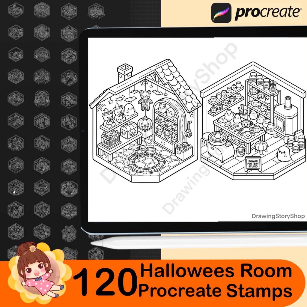 120 Halloween Room Stamps for Procreate, Spooky Miniature Rooms, Isometric Haunted House Brushes, Cute Halloween Interior