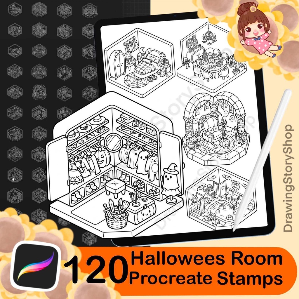 120 Halloween Room Stamps for Procreate, Spooky Miniature Rooms, Isometric Haunted House Brushes, Cute Halloween Interior