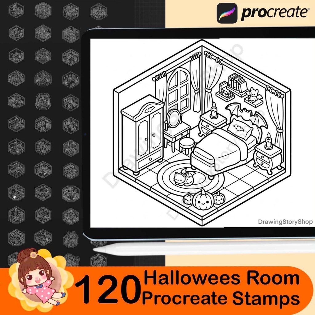 120 Halloween Room Stamps for Procreate, Spooky Miniature Rooms, Isometric Haunted House Brushes, Cute Halloween Interior