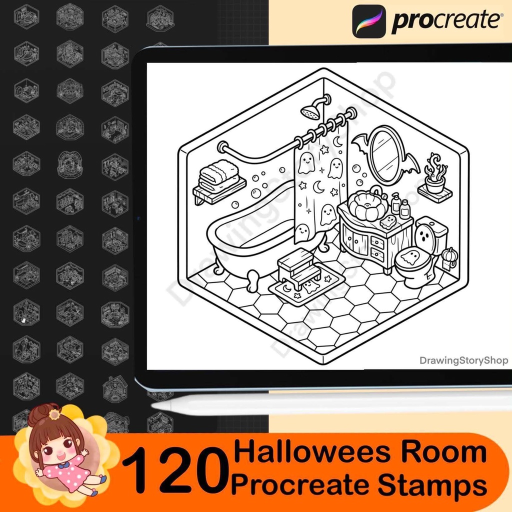 120 Halloween Room Stamps for Procreate, Spooky Miniature Rooms, Isometric Haunted House Brushes, Cute Halloween Interior