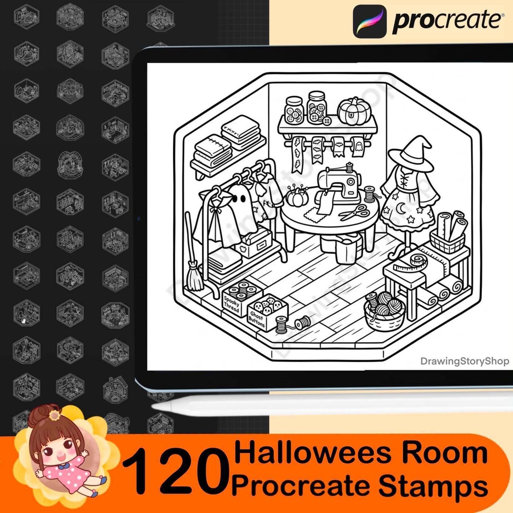 120 Halloween Room Stamps for Procreate, Spooky Miniature Rooms, Isometric Haunted House Brushes, Cute Halloween Interior
