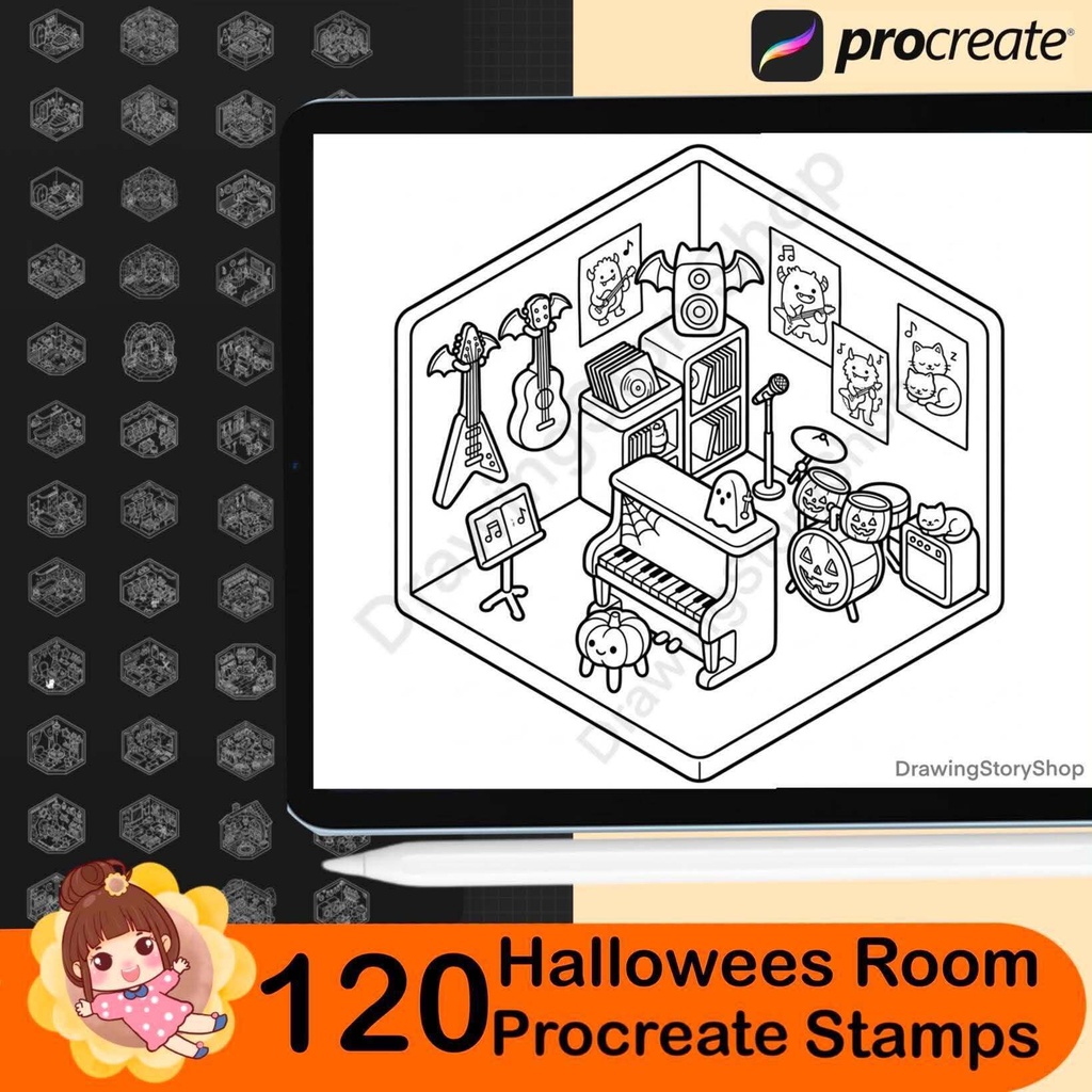 120 Halloween Room Stamps for Procreate, Spooky Miniature Rooms, Isometric Haunted House Brushes, Cute Halloween Interior