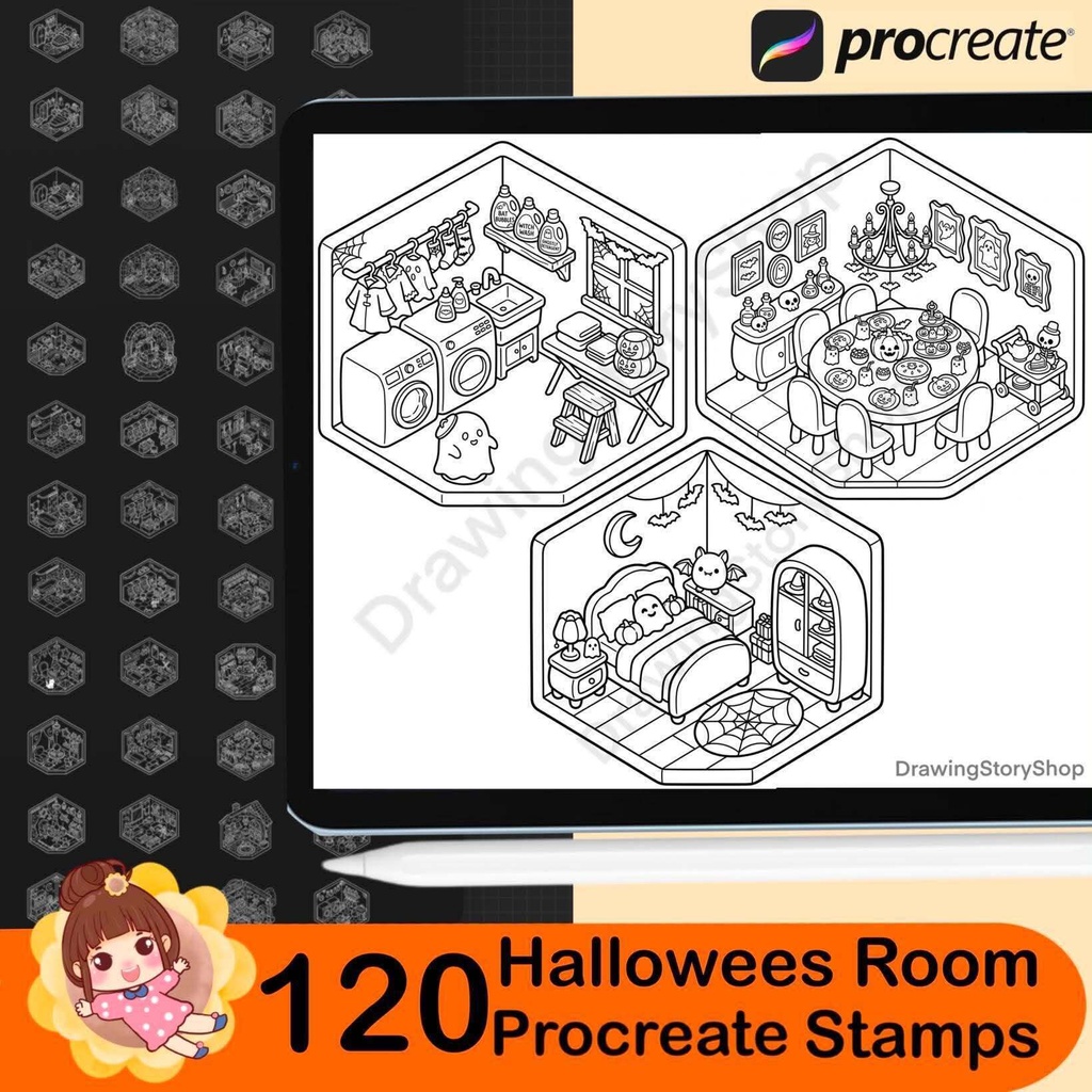 120 Halloween Room Stamps for Procreate, Spooky Miniature Rooms, Isometric Haunted House Brushes, Cute Halloween Interior