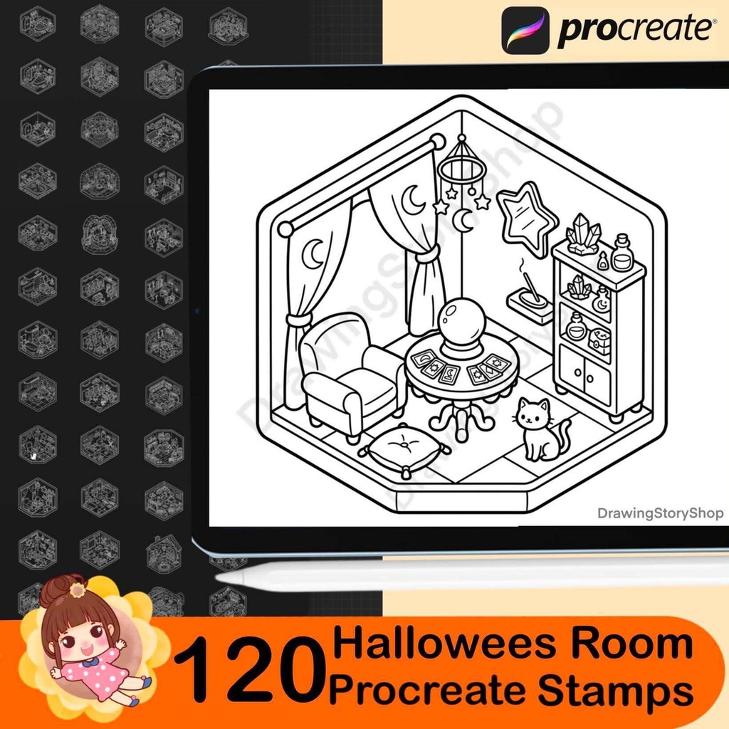120 Halloween Room Stamps for Procreate, Spooky Miniature Rooms, Isometric Haunted House Brushes, Cute Halloween Interior