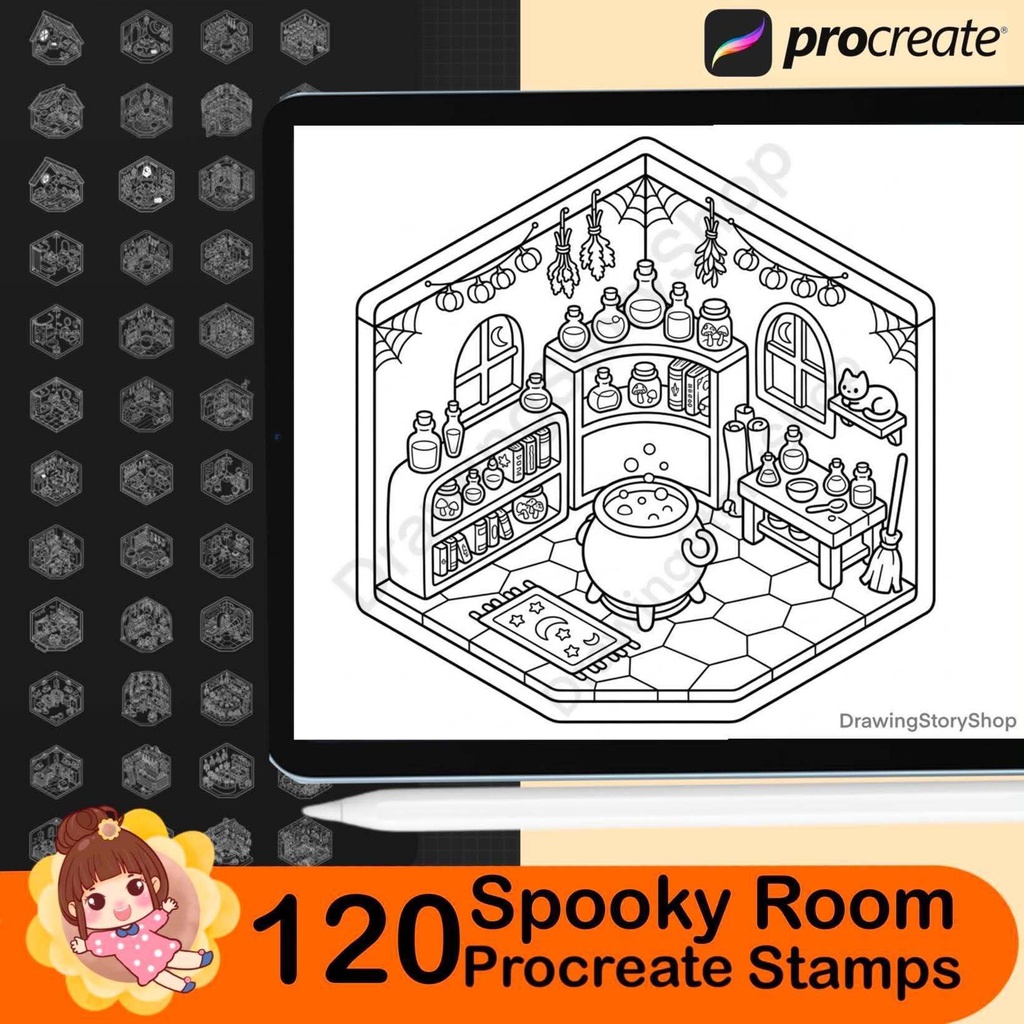 120 Spooky Room Stamps for Procreate, Halloween Miniature House Brushes, Cute Haunted Rooms, Isometric Interior Stamps