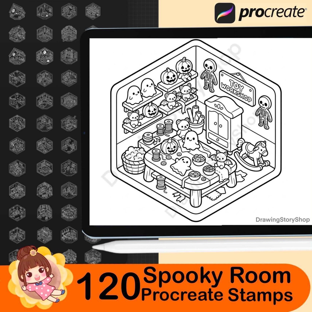 120 Spooky Room Stamps for Procreate, Halloween Miniature House Brushes, Cute Haunted Rooms, Isometric Interior Stamps