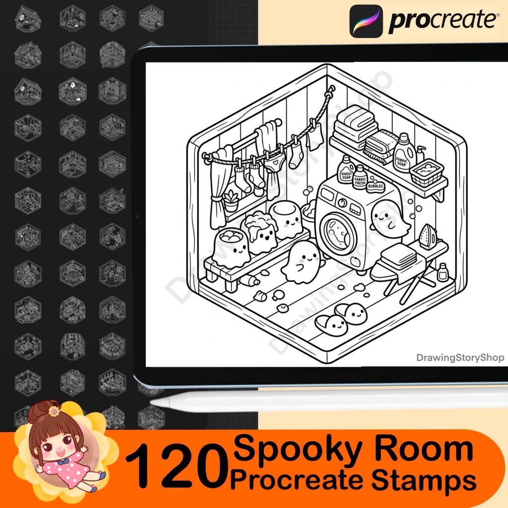 120 Spooky Room Stamps for Procreate, Halloween Miniature House Brushes, Cute Haunted Rooms, Isometric Interior Stamps