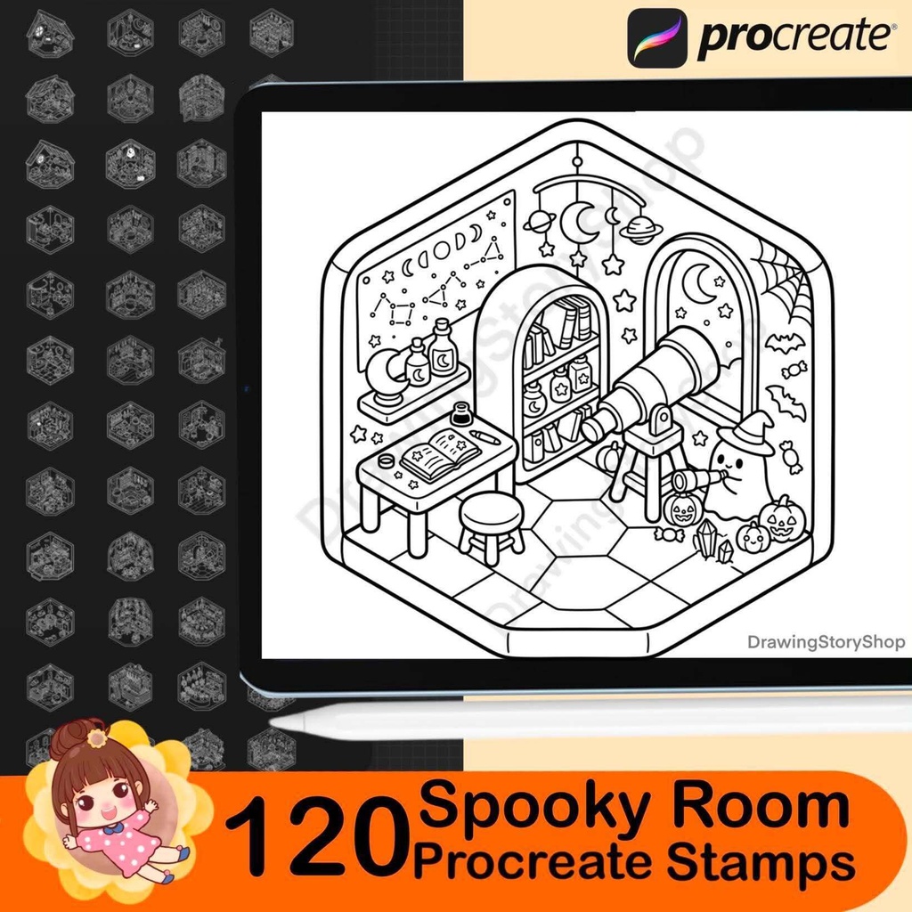 120 Spooky Room Stamps for Procreate, Halloween Miniature House Brushes, Cute Haunted Rooms, Isometric Interior Stamps