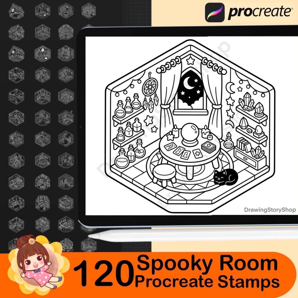 120 Spooky Room Stamps for Procreate, Halloween Miniature House Brushes, Cute Haunted Rooms, Isometric Interior Stamps
