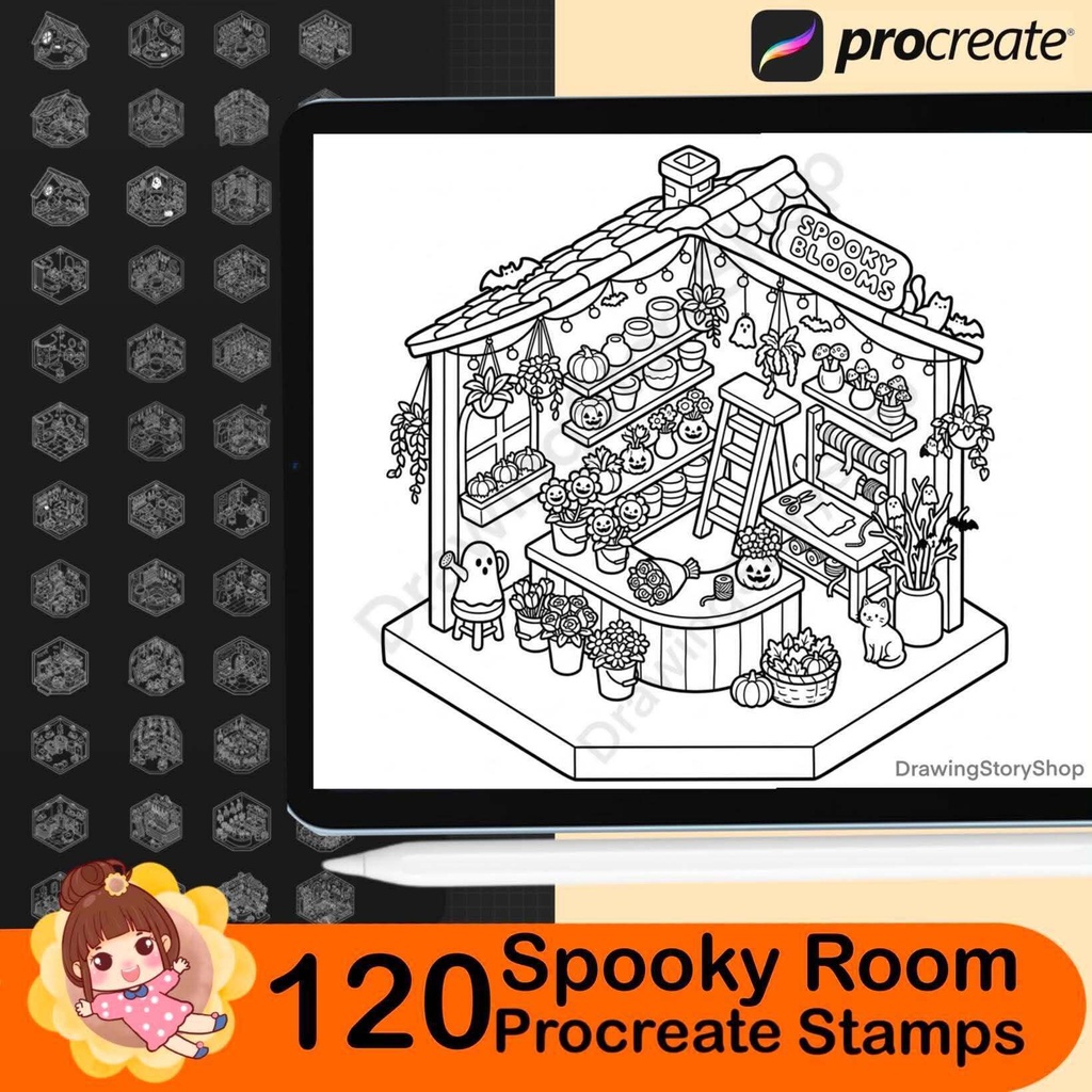 120 Spooky Room Stamps for Procreate, Halloween Miniature House Brushes, Cute Haunted Rooms, Isometric Interior Stamps