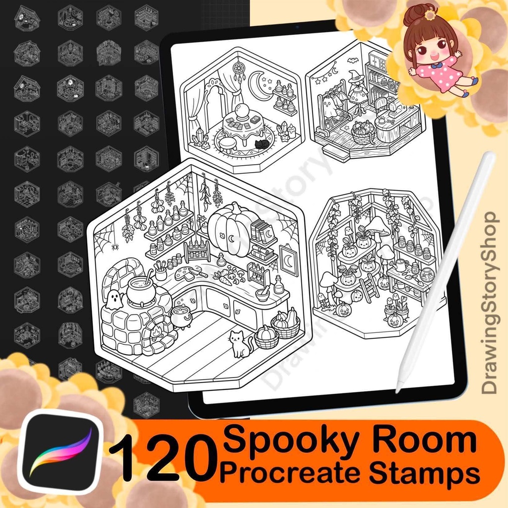 120 Spooky Room Stamps for Procreate, Halloween Miniature House Brushes, Cute Haunted Rooms, Isometric Interior Stamps
