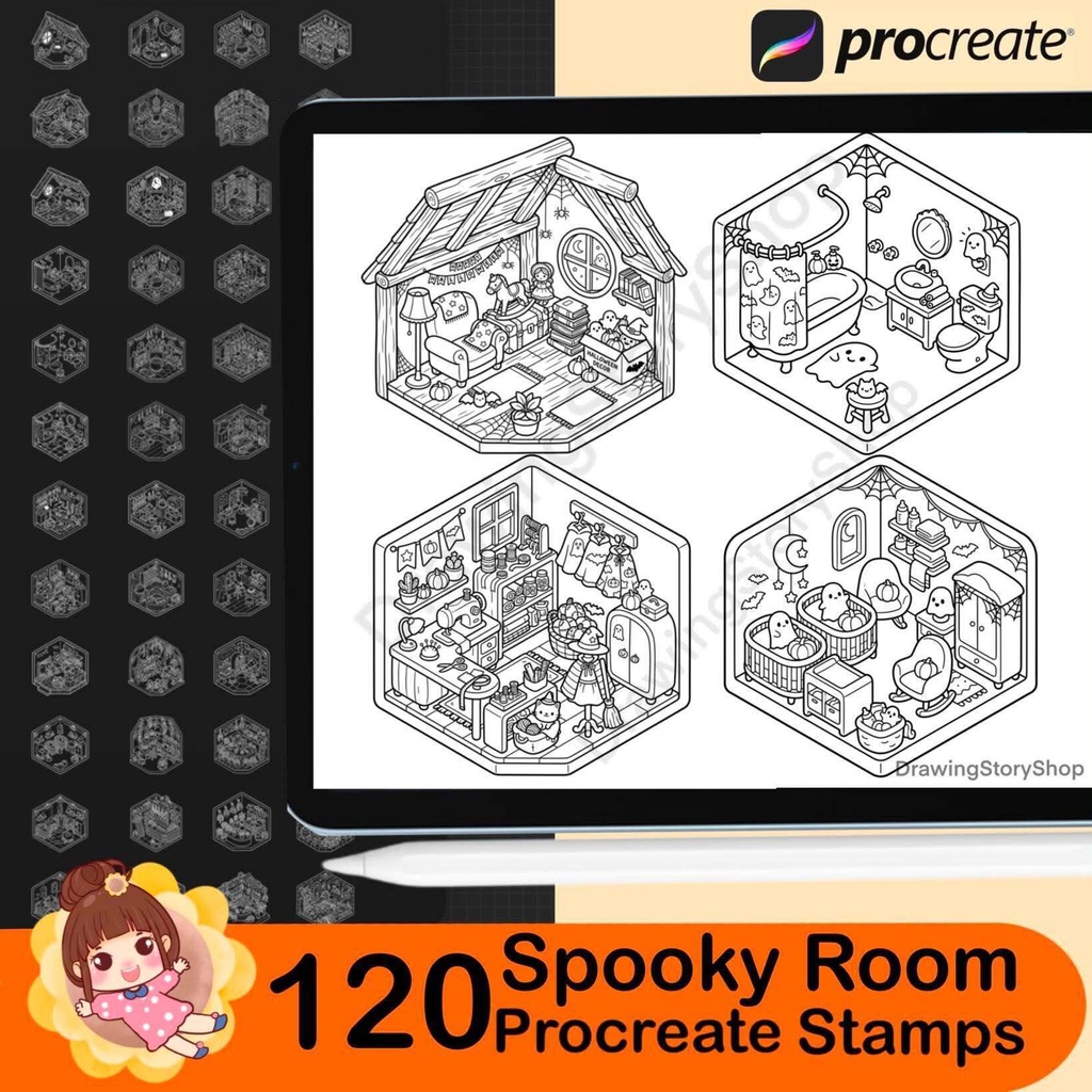 120 Spooky Room Stamps for Procreate, Halloween Miniature House Brushes, Cute Haunted Rooms, Isometric Interior Stamps