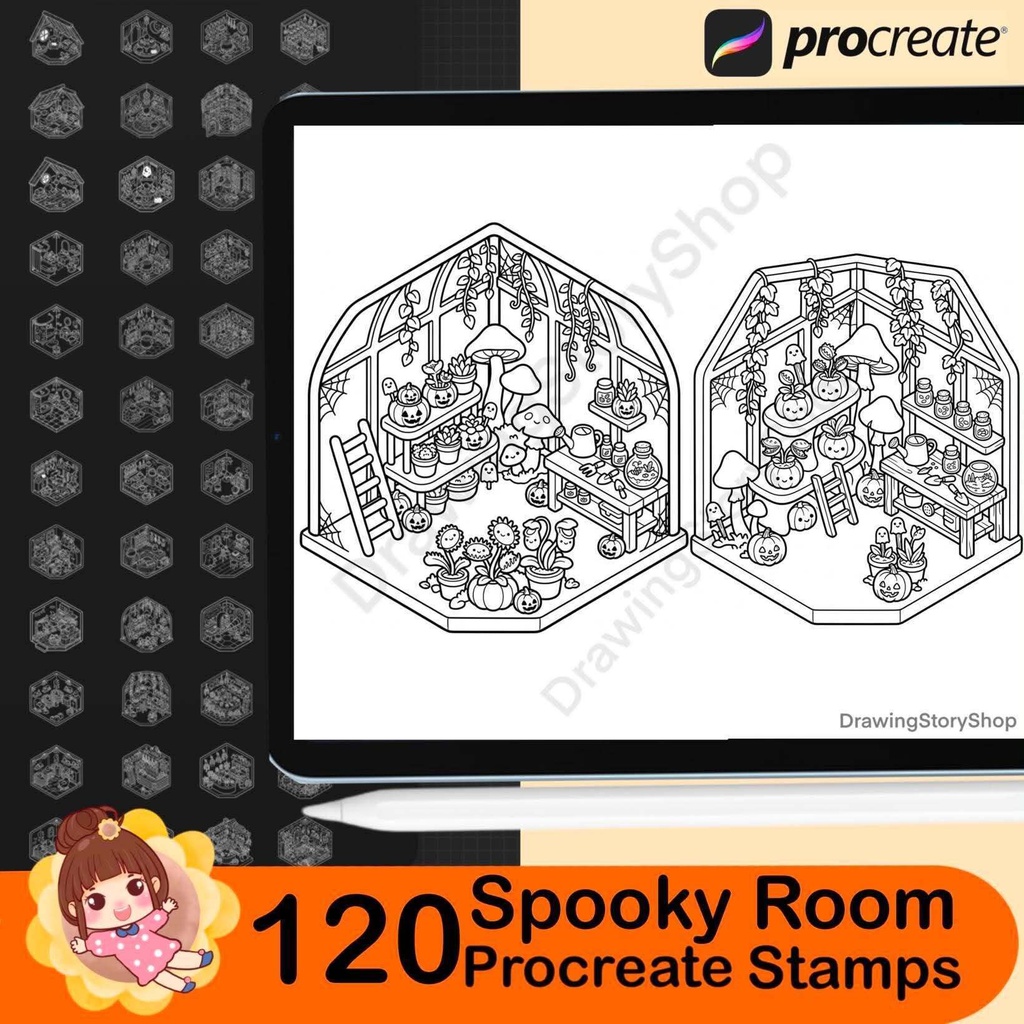 120 Spooky Room Stamps for Procreate, Halloween Miniature House Brushes, Cute Haunted Rooms, Isometric Interior Stamps