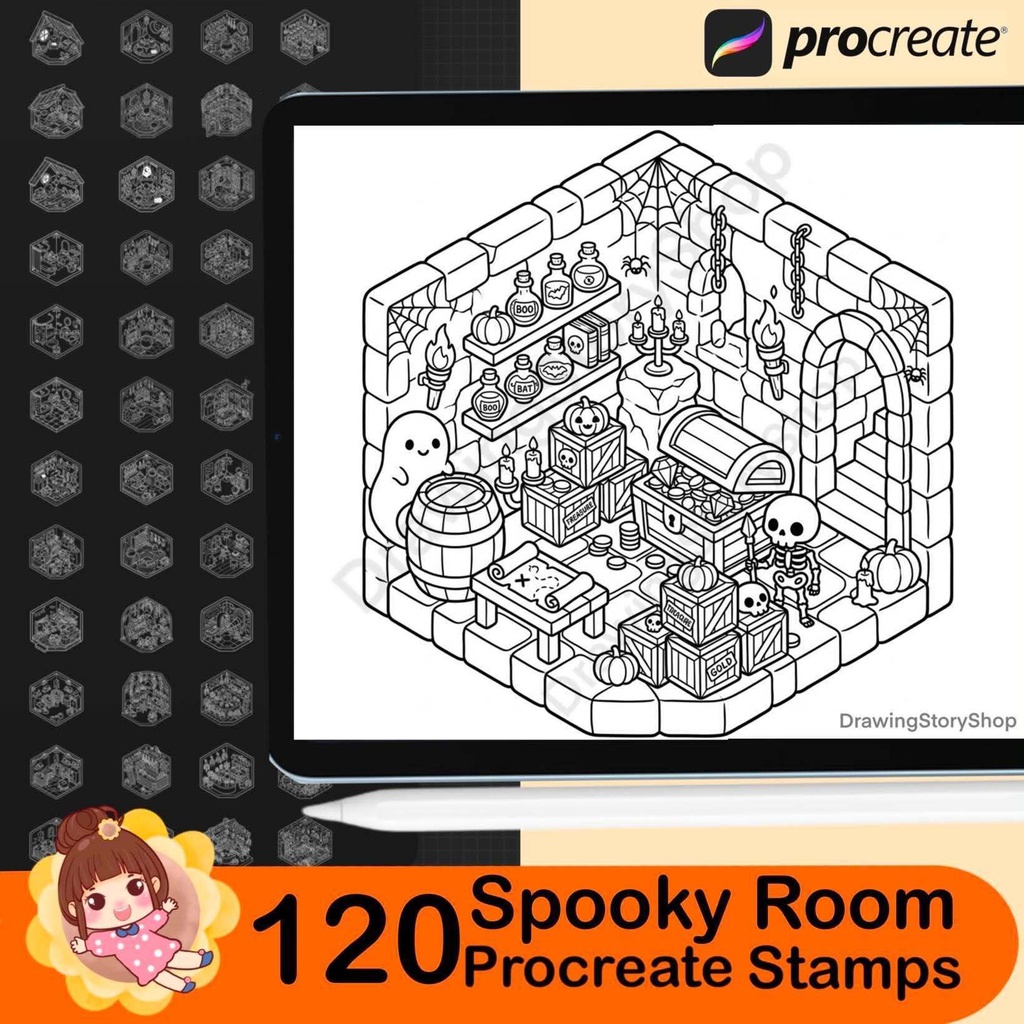 120 Spooky Room Stamps for Procreate, Halloween Miniature House Brushes, Cute Haunted Rooms, Isometric Interior Stamps
