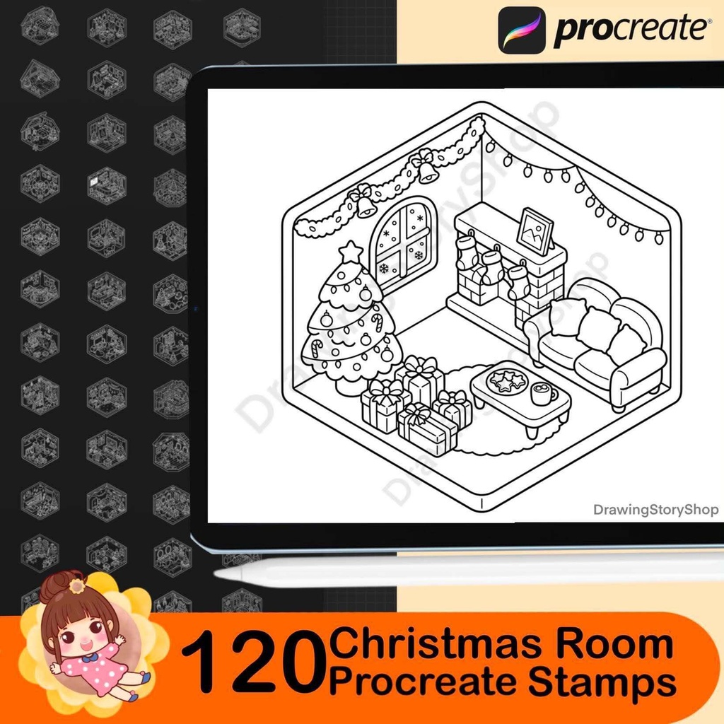 120 Christmas Room Stamps for Procreate, Isometric Room Brushes, Cute Miniature Rooms, Cozy Room Illustrations