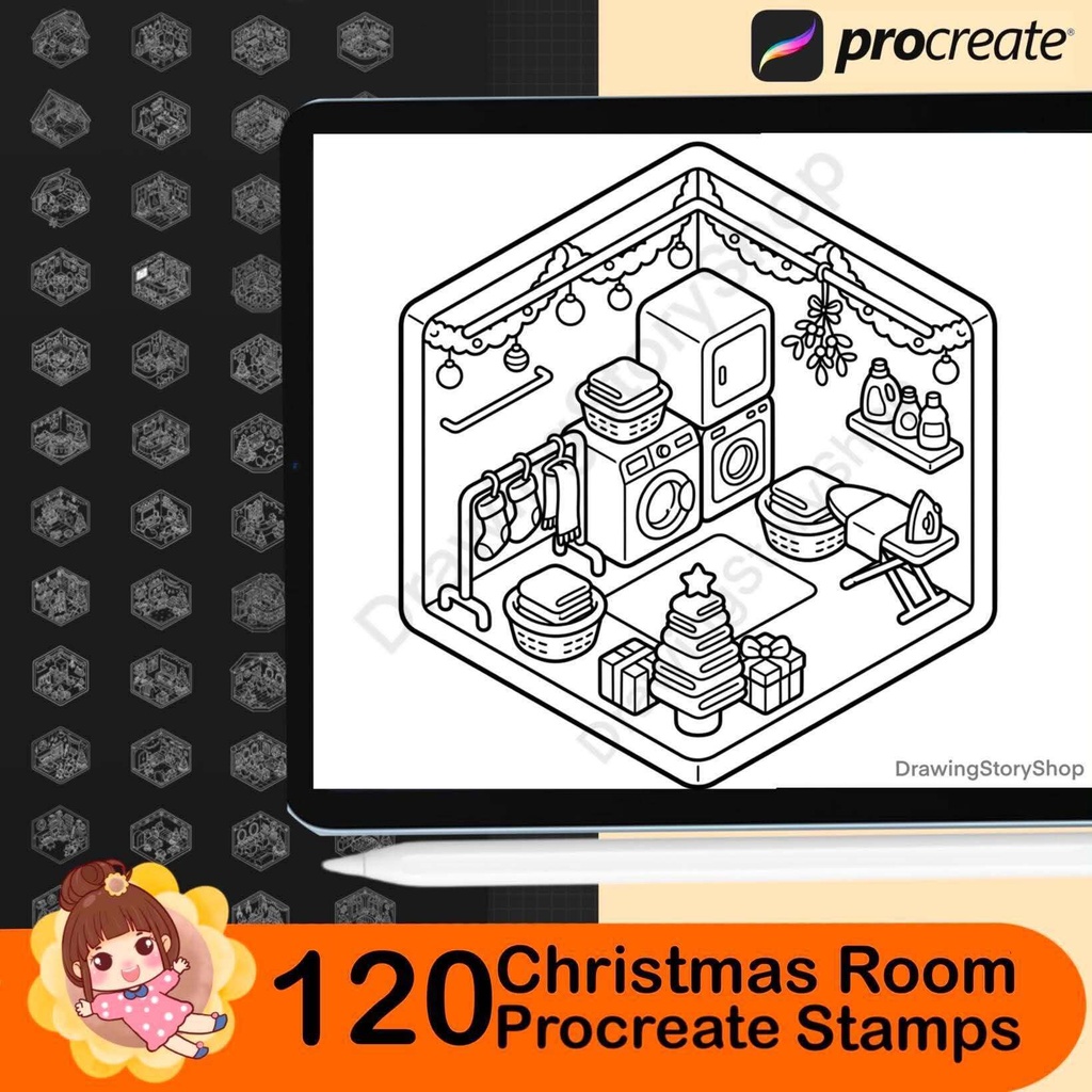 120 Christmas Room Stamps for Procreate, Isometric Room Brushes, Cute Miniature Rooms, Cozy Room Illustrations