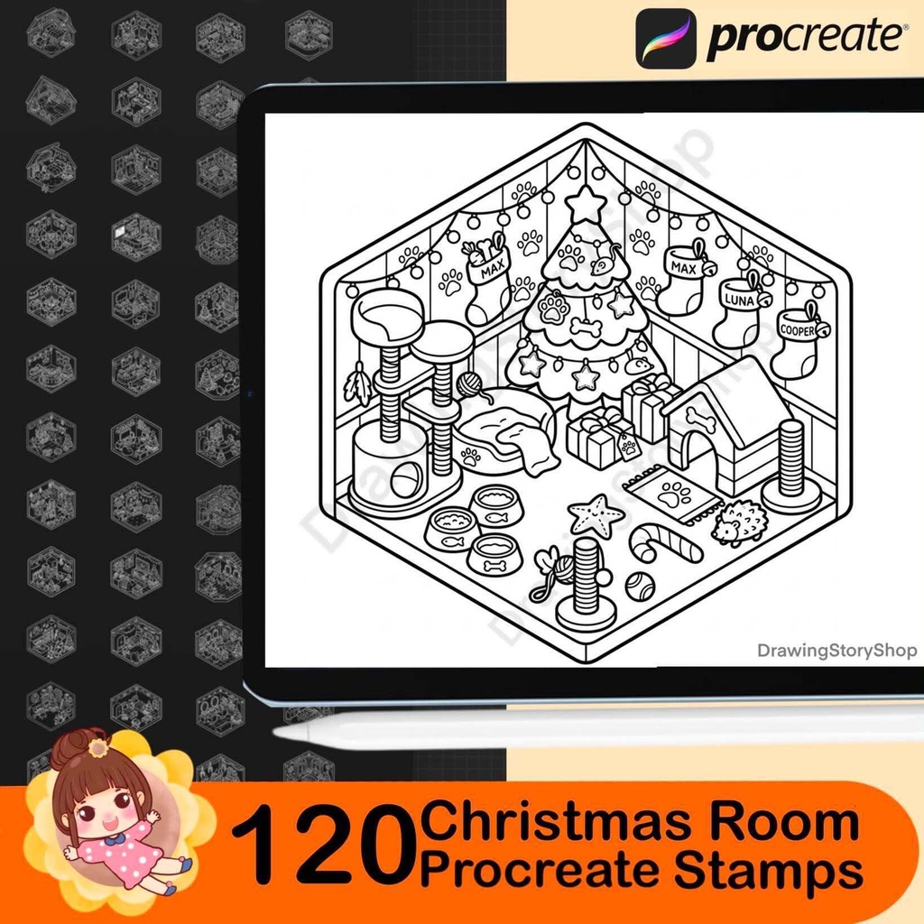 120 Christmas Room Stamps for Procreate, Isometric Room Brushes, Cute Miniature Rooms, Cozy Room Illustrations