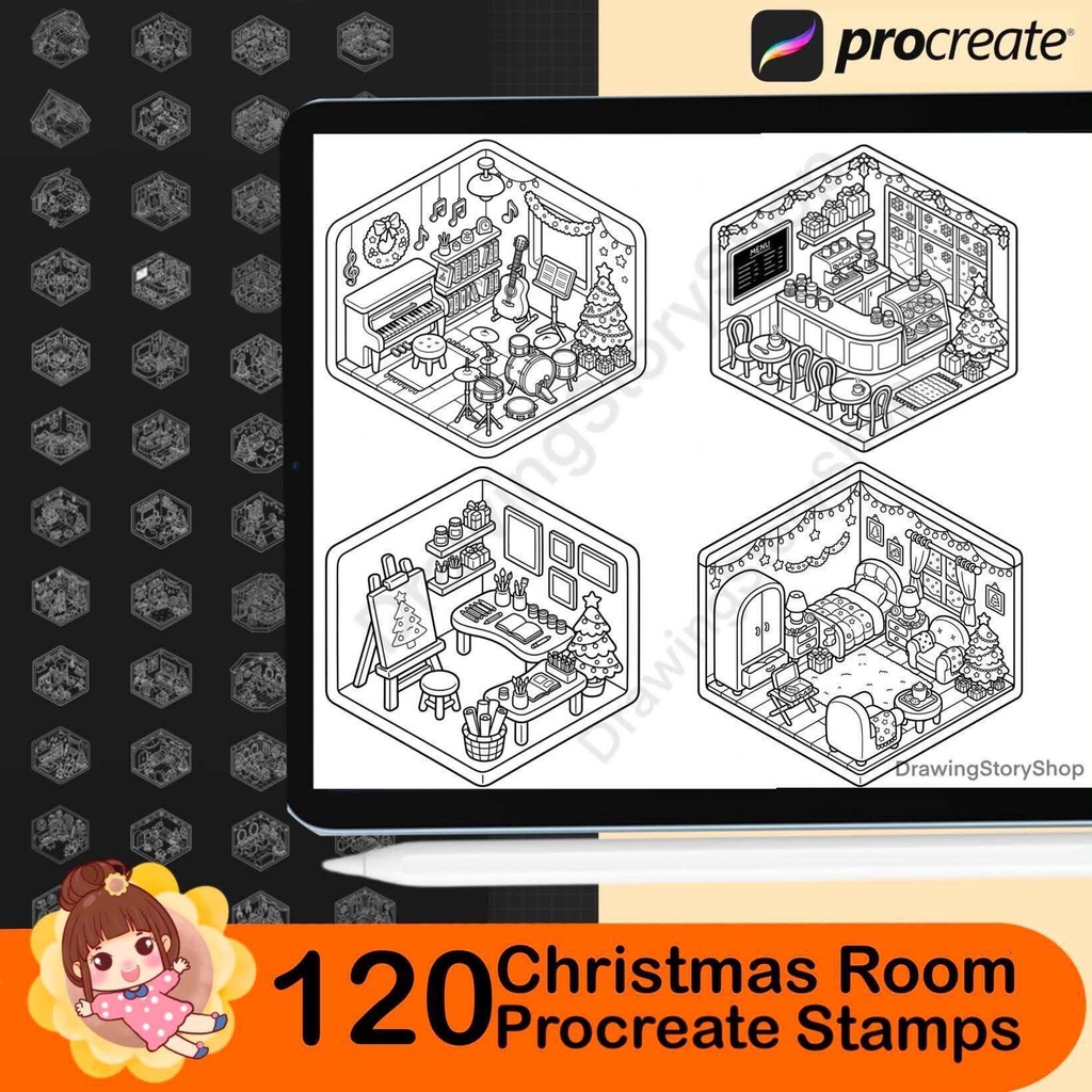 120 Christmas Room Stamps for Procreate, Isometric Room Brushes, Cute Miniature Rooms, Cozy Room Illustrations