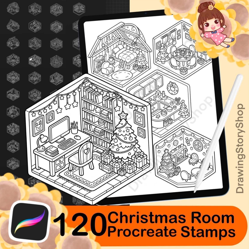 120 Christmas Room Stamps for Procreate, Isometric Room Brushes, Cute Miniature Rooms, Cozy Room Illustrations