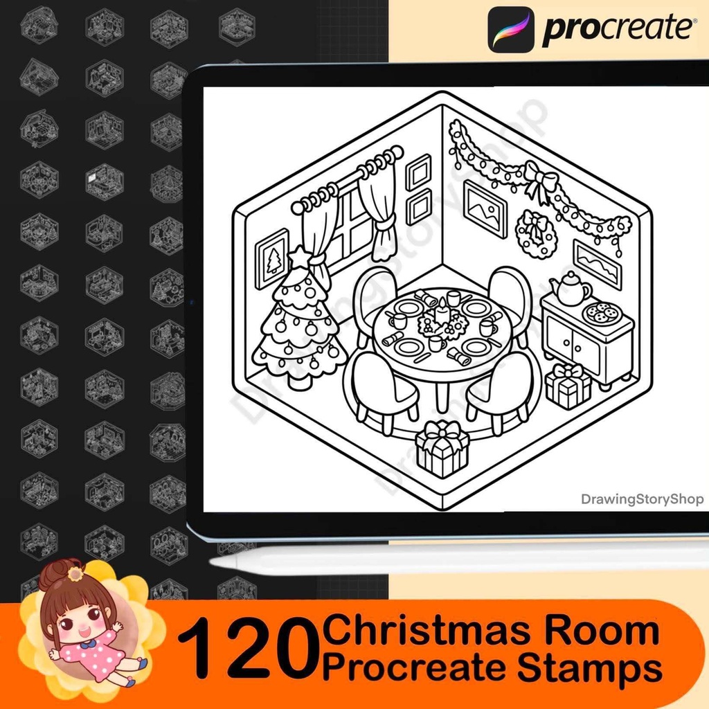 120 Christmas Room Stamps for Procreate, Isometric Room Brushes, Cute Miniature Rooms, Cozy Room Illustrations