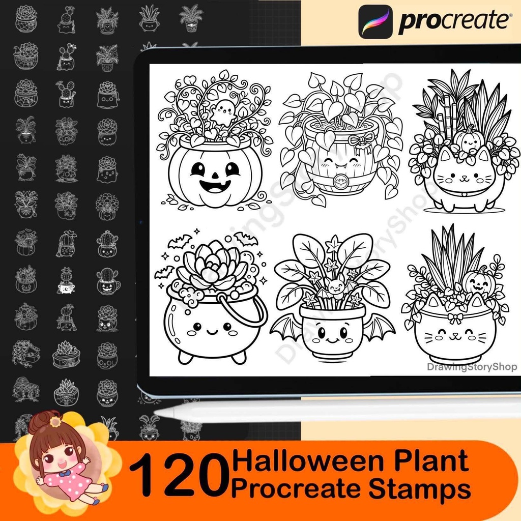 120 Halloween Plant Stamps for Procreate, Cute Cactus Brushes, Spooky Succulent & Kawaii Potted Plants
