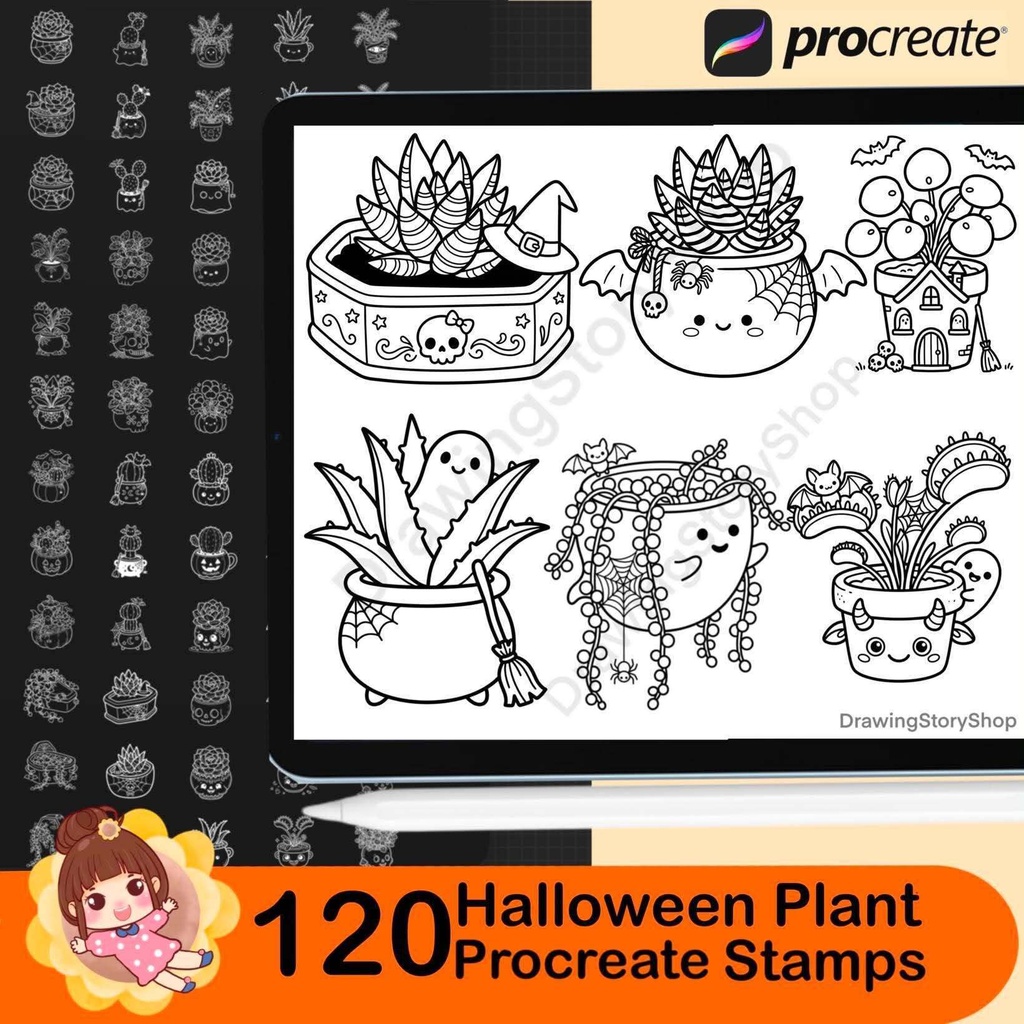 120 Halloween Plant Stamps for Procreate, Cute Cactus Brushes, Spooky Succulent & Kawaii Potted Plants