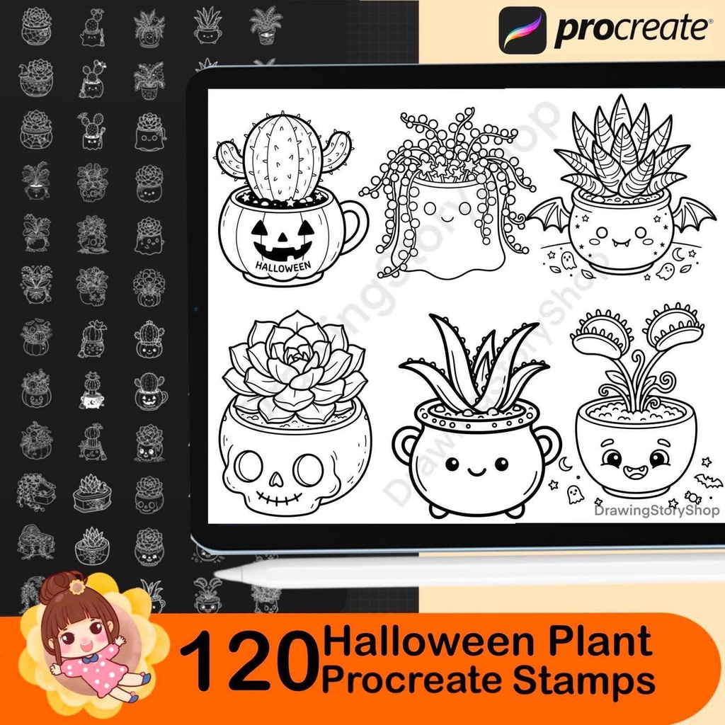 120 Halloween Plant Stamps for Procreate, Cute Cactus Brushes, Spooky Succulent & Kawaii Potted Plants
