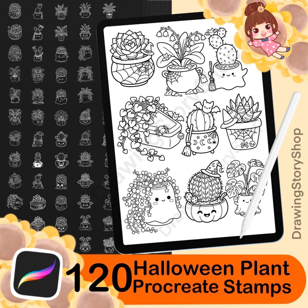 120 Halloween Plant Stamps for Procreate, Cute Cactus Brushes, Spooky Succulent & Kawaii Potted Plants
